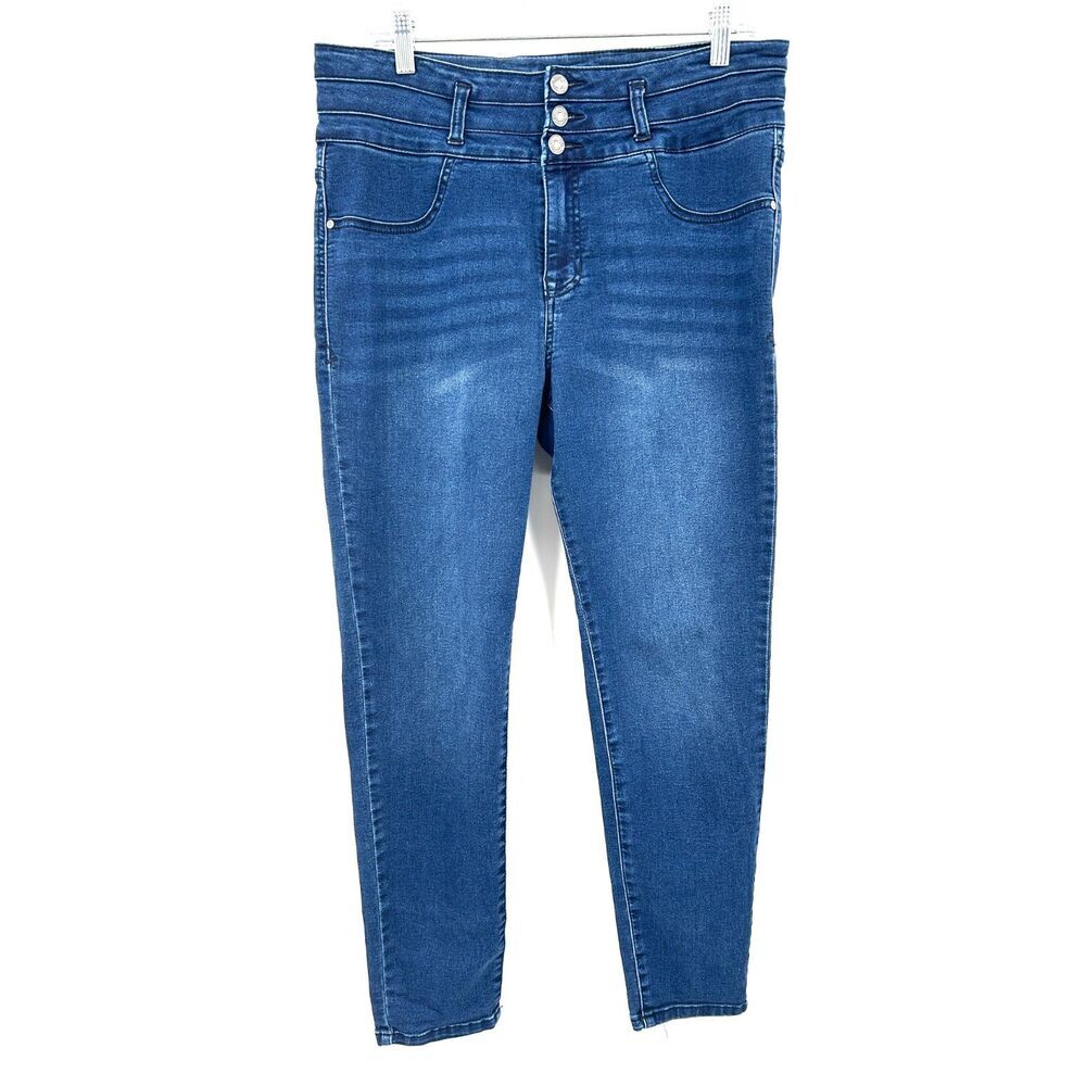ANGELS Women's High Rise Button Fly Stretch Denim Skinny Blue Jeans Size 14 / 32